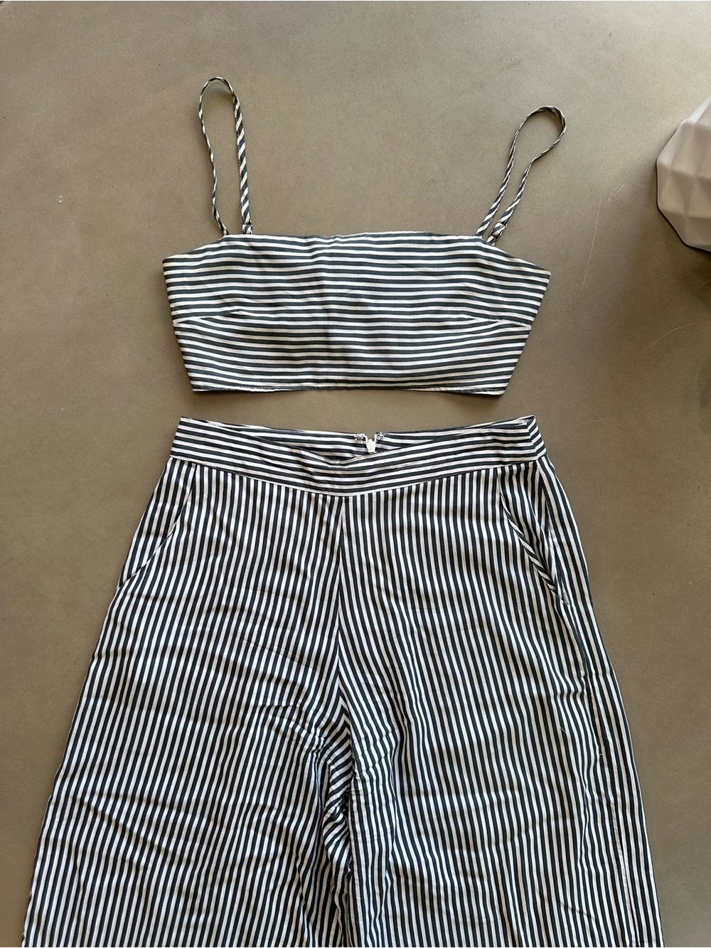 Striped Wide Leg Flowy Pant with Matching Crop Top in Dusty Blue and White